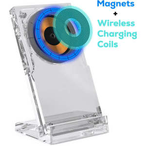 A clear acrylic magnetic wireless charging stand featuring blue magnets and wireless charging coils.