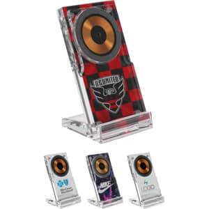 A wireless charging stand featuring a red and black plaid design, with a gold speaker-like element and a clear base.