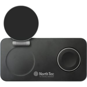 A black 3-in-1 magnetic wireless charging station with a circular and oval charging area, featuring a logo.