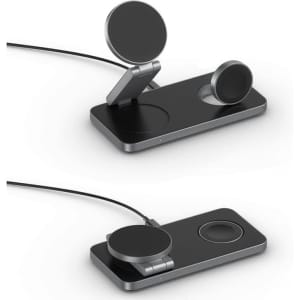 A black 15W 3-in-1 magnetic wireless charging station with a sleek design for various devices. It features a stand and multiple charging pads.