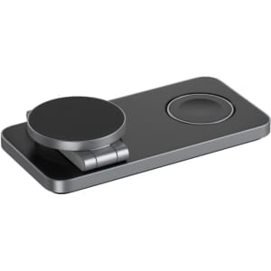A magnetic wireless charging station in black and grey, featuring two charging pads and a compact design.