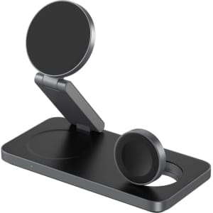 A black 15W 3-in-1 magnetic wireless charging station with multiple charging options and a sleek design.