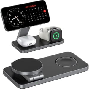 A black and grey 3-in-1 magnetic wireless charging station for phones, smartwatches, and earbuds, featuring a clock and calendar display.