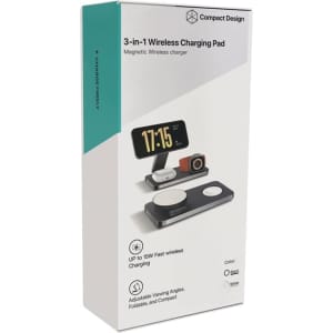 A promotional box for a 3-in-1 magnetic wireless charging station in black and grey, featuring adjustable viewing angles.