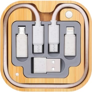 A wireless charger cable kit in grey and white, featuring multiple connector types housed in a bamboo case.