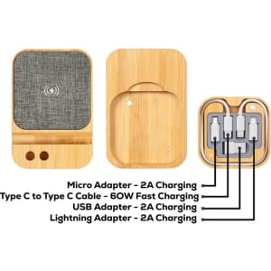 A bamboo wireless charger kit with micro, USB, Type C, and Lightning adapters, featuring a fabric texture on top.