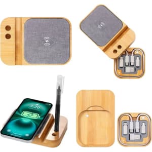 A bamboo wireless charger with a grey fabric surface, featuring a holder for a pen and compartments for cables.