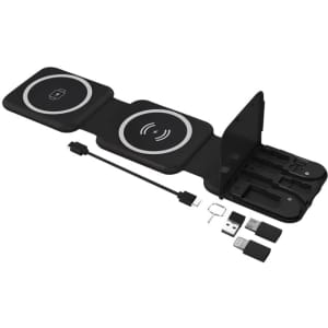 A black Jersey 15W Magnetic Wireless Charging Kit with two charging pads, USB cable, and accessories stored in a compact design.