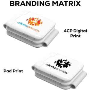 A magnetic wireless charging kit in white with a branding logo, featuring two printing options displayed.
