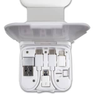 A white charging kit with multiple connectors for USB, Lightning, and micro USB, housed in a compact case.