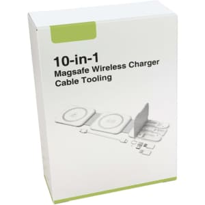 A packaging box for a 10-in-1 Magsafe wireless charger kit featuring multiple white components and a green accent.