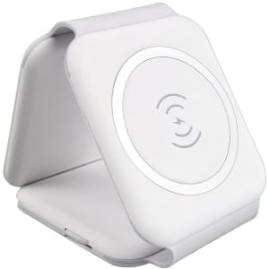 A white magnetic wireless charging kit with a foldable design and a circular charging area. Features a logo.