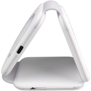 A white magnetic wireless charging kit with an angled design, featuring a USB-C port and a logo.