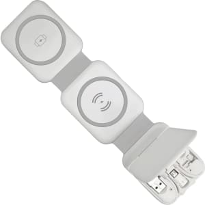 A white and grey magnetic wireless charging kit with two charging pads and USB connectors.