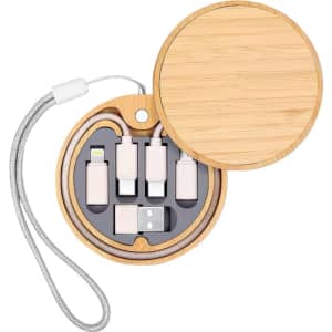 A bamboo round case containing a 15W wireless charger and various charging cables in silver and white.