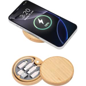 A wireless charger in a bamboo finish, with a compact cable kit neatly stored underneath.