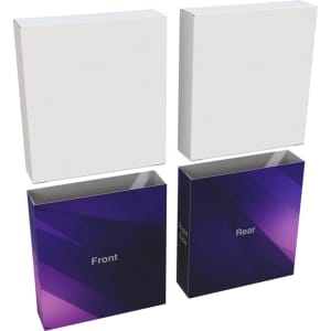 A box set with a white top and a purple bottom, featuring front and rear labels and a branding logo.