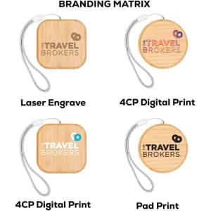 A promotional eco-friendly wireless charger with a wooden finish and various branding options displayed on it.