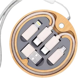 A round bamboo kit featuring multiple charging cables in grey, including USB and Lightning connectors, with a logo.