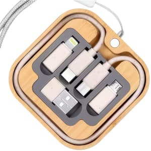 A bamboo cable kit featuring multiple connectors in light grey, including a 15W wireless charger. It has a logo.