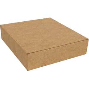 A brown cardboard box with a flat design and a sliding lid, currently closed.