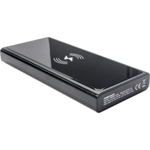 A black wireless power bank with a sleek design, featuring a logo and a smooth surface.