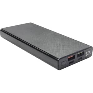 A black wireless power bank with a textured finish and multiple charging ports. It features a digital display.