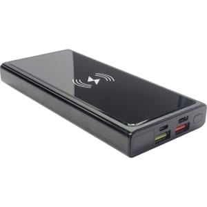 A black wireless power bank featuring USB ports, with a sleek, glossy surface and a logo on it.