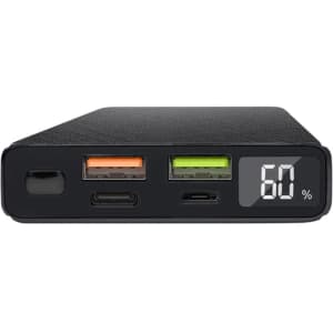 A black wireless power bank featuring USB ports, a digital display, and a textured surface.