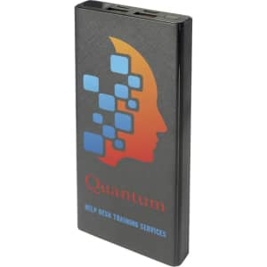 A sleek black power bank with a design featuring a profile silhouette and logo, offering 10,000 mAh capacity.
