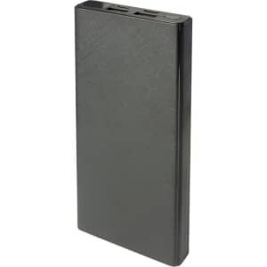 A black wireless power bank with a textured finish, featuring two USB ports and a power button.