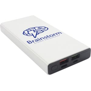 A white wireless power bank with a logo, featuring USB ports and a sleek design.
