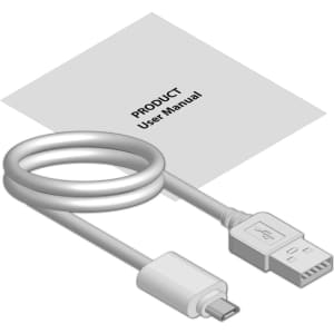 A white USB cable and user manual on a light background, featuring a simple design.