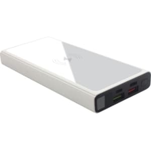 A white wireless power bank with a sleek design, featuring USB ports and a logo on the side.