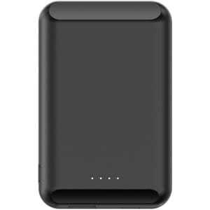 A black wireless power bank with a sleek design and indicator lights on the front. It has a branding logo.