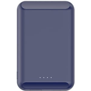 A navy power bank with a sleek design, featuring an integrated magnetic surface and four indicator lights.