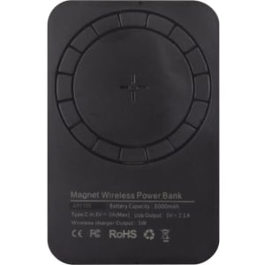 A black magnetic wireless power bank with a textured circular design and a battery capacity of 5000 mAh, featuring a logo.