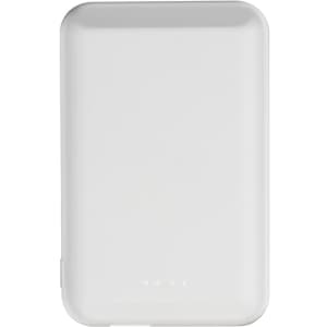 A white magnetic wireless power bank with a sleek design, featuring a built-in battery indicator.