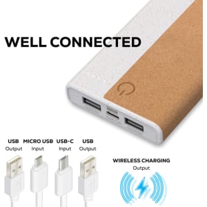 A wireless eco power bank with a speckled white body and a cork accent, featuring USB and USB-C ports.