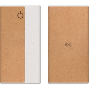 A wireless power bank featuring a white and cork design, measuring 10,000 mAh with a logo on the front.