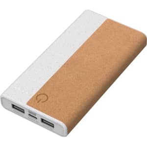A rectangular power bank in white and tan with a textured finish, featuring dual USB ports and a logo.