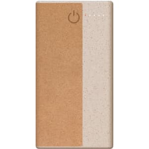 A wireless power bank in cream and cork, featuring an on/off button and a branding logo.