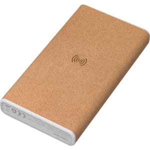 A wireless power bank in a natural cork finish with a white base, featuring a logo on the surface.