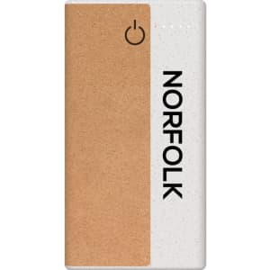 A wireless eco power bank in beige and white with a textured surface and a logo.