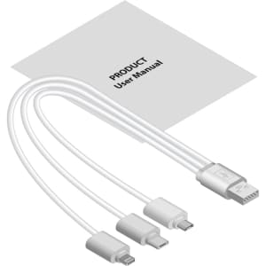 A user manual and a white charging cable with multiple connectors for different devices.