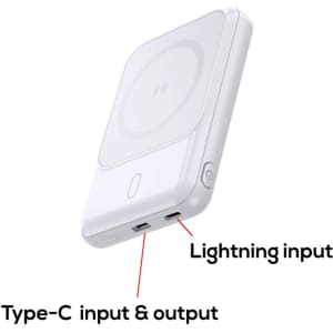 A white power bank featuring a circular charging section, Type-C and Lightning inputs, and a logo.