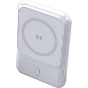 A white MagSafe power bank with a circular design and a logo, featuring a 5000 mAh capacity.