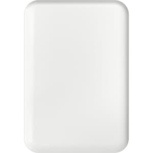 A white power bank with a sleek design, featuring a logo on its surface.