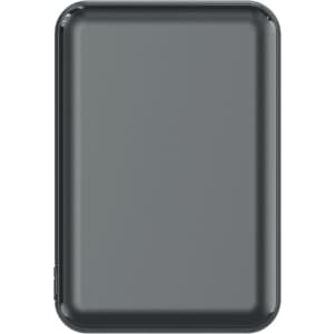 A rectangular grey power bank with rounded edges and a sleek design. It features a branding logo.