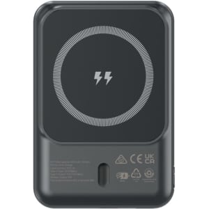 A black power bank featuring a circular charging indicator and a logo on the back, with a 5000 mAh capacity.